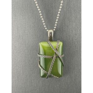 RMN Green Cat's Eye Glass Pendant Necklace Sterling Chain Chatoyant